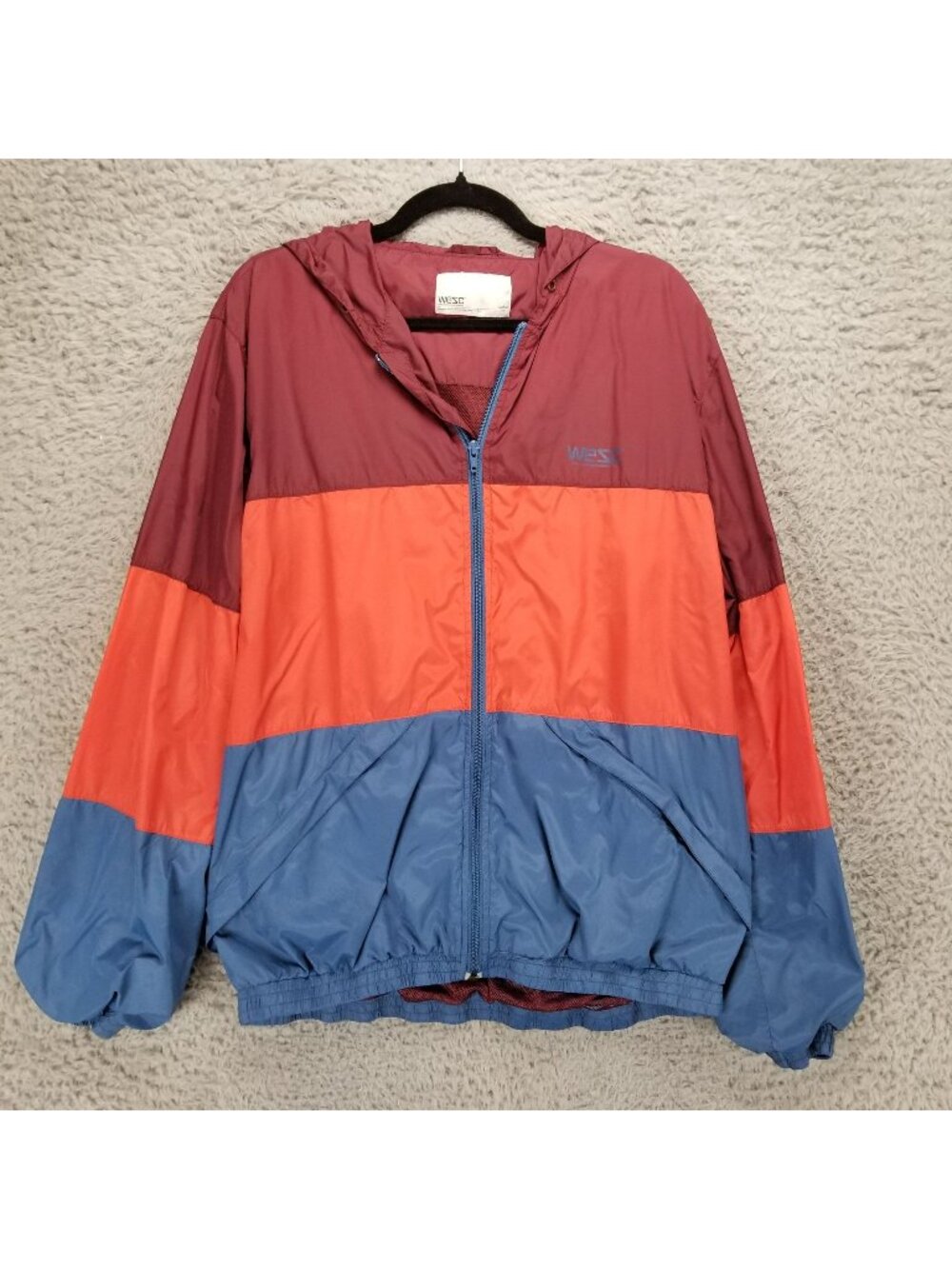 Wesc Jacket Mens Large Red Blue Long Sleeve Full Zip Hooded Windbreaker *Read*